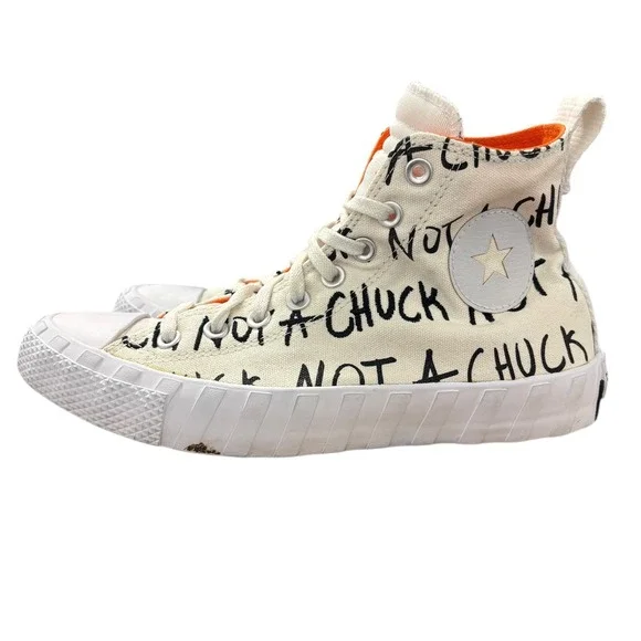 Converse High Top Sneakers Off-White with Black Script and Orange Accents - Picture 4 of 10